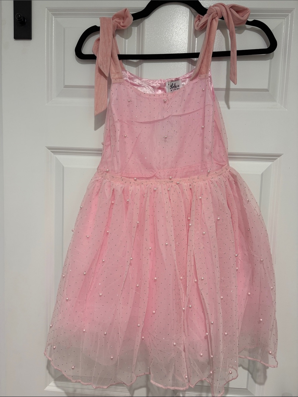 Lola + The Boys Pink Crystal Pearl Tule Tan Dress in Pink